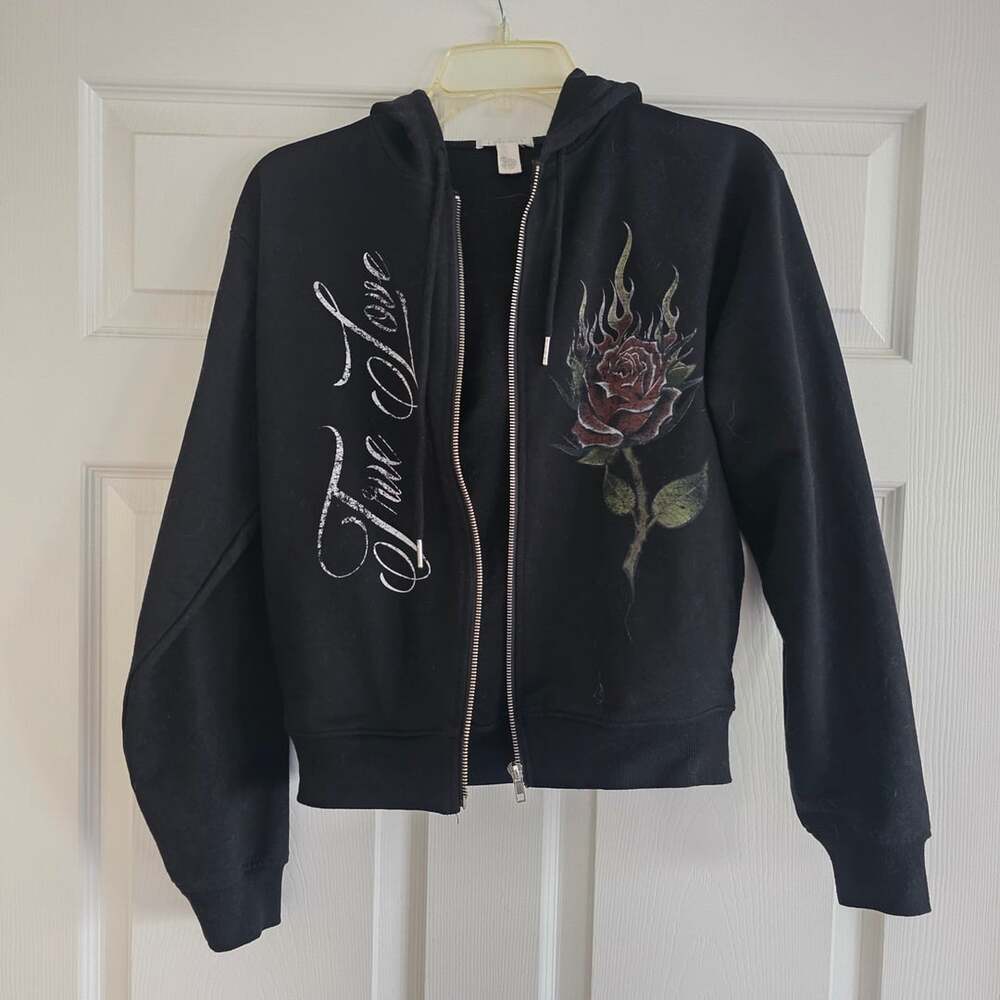 Y2K Full Tilt Cropped Graphic Hoodie True Love Rose & Flames size S